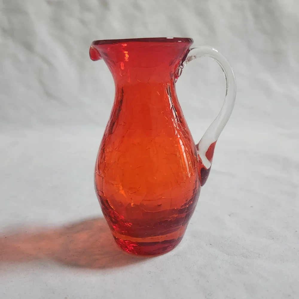 Vintage Red Orange Crackle Blown Art Glass Creamer